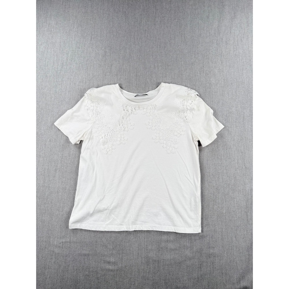 Zara White Floral Lace Applique Short Sleeve T-Shirt Womens Small Crewneck Tee